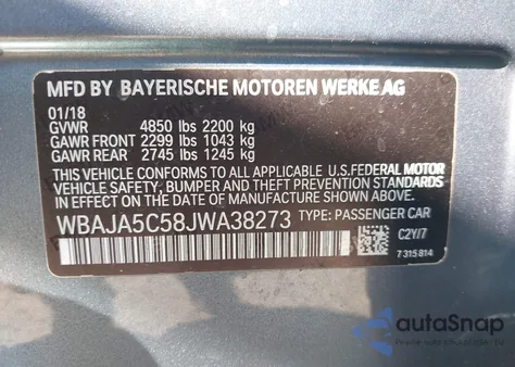 2018 BMW 530I from USA, damaged, VIN WBAJA5C58JWA38273